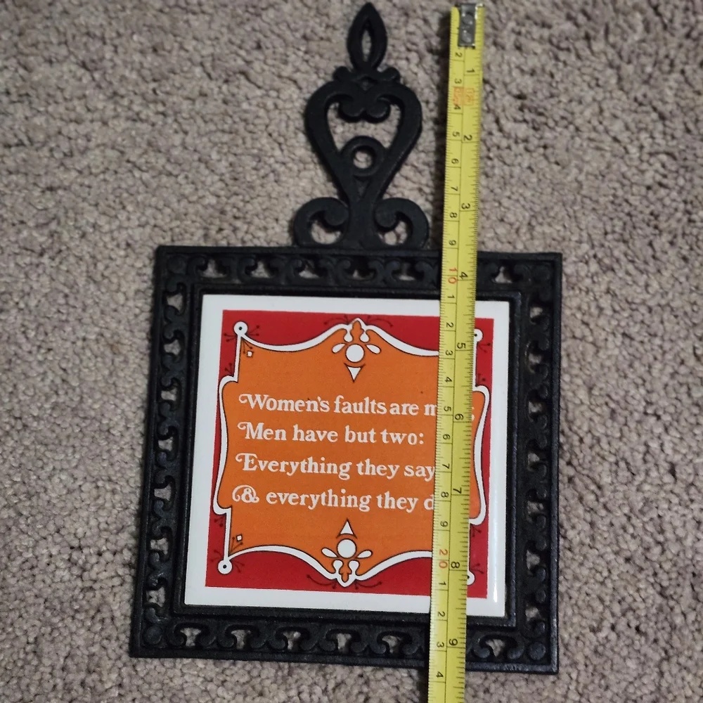 Vintage Cast Iron Trivet Or Hotpot with Orange Quote Tile